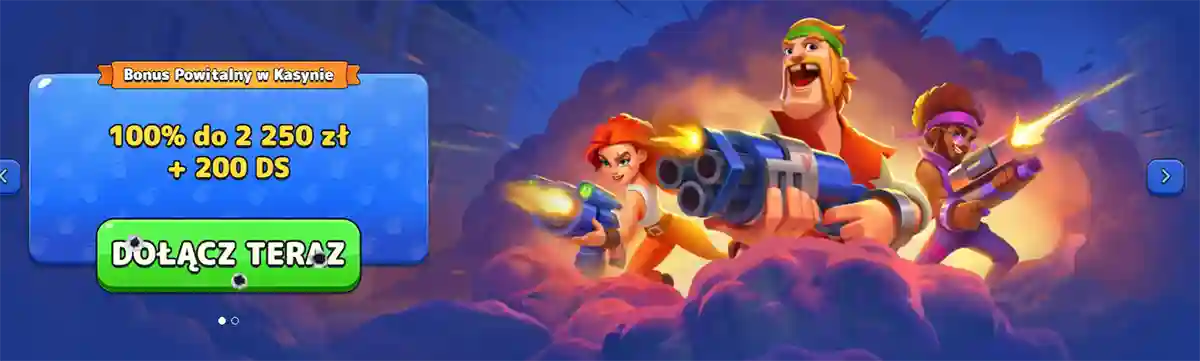 Casino welcome bonus banner showing cartoon-style action characters firing blasters, with Polish text promoting a casino welcome bonus of 100% up to 2,250 PLN plus 200 free spins, and a green “Join Now” call-to-action button on a dynamic, game-themed background.